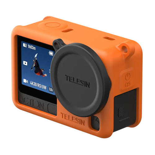 Telesin S6-PTC-11OG - Coque en silicone pour DJI Osmo Action 6 (orange) : caméra dans sa coque orange, dragonne et protège-objectif