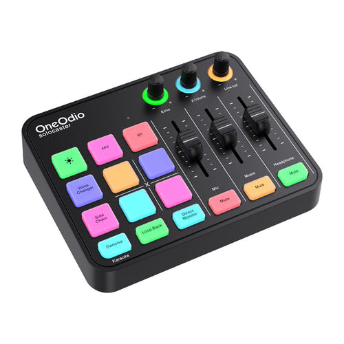 OneOdio Solocaster - Table de mixage et carte son USB-C pour streaming : faders et pads d'effets du mixeur