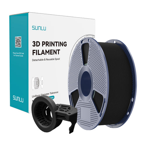 Sunlu PETG High-Speed Matte - Filament 3D mat (noir) : bobines de filament PETG mat devant une maquette imprimée
