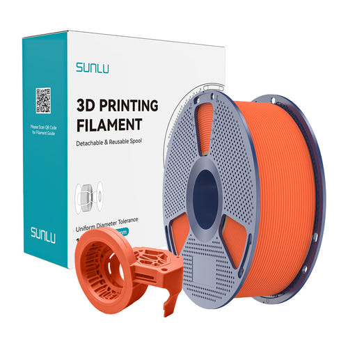 Sunlu PETG High-Speed Matte - Filament 3D mat (orange) : bobines de filament PETG mat devant une maquette imprimée