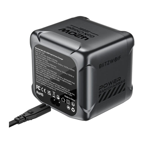 BliTZWOlF BW-S33 - Chargeur secteur GaN 420 W à 8 ports avec écran couleur : les huit ports USB-C et USB-A du chargeur
