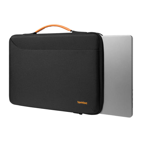 Tomtoc Defender-A22 - Sacoche pour ordinateur portable 16 pouces (noire) : intérieur matelassé de la sacoche entrouverte