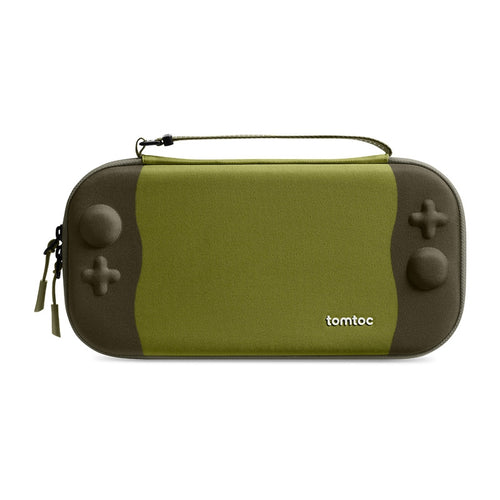 Tomtoc FancyCase-G05 FROZ Edition - Étui slim Switch 2, 12 jeux (vert) : étui Tomtoc FancyCase-G05 vert fermé sur une table en bois