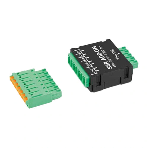 Shelly SSR Add-on - Module relais statique 2 canaux 30 V DC, 300 mA : module Shelly SSR Add-on relié à un câble noir