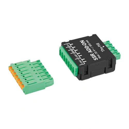 Shelly SSR Add-on - Module relais statique 2 canaux 30 V DC, 300 mA : module Shelly SSR Add-on relié à un câble noir