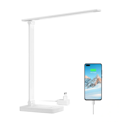 Lepro 31003WHG - Lampe de bureau LED 750 lm avec port USB (blanche) : lampe de bureau Lepro blanche sur un plan de travail en bois