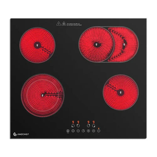 AMZCHEF CE-T-72CB4xyP200-LBHA - Plaque vitrocéramique 4 foyers, zone ovale