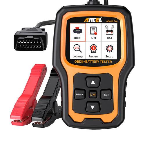 ANCEL AD410 Pro - Lecteur OBD2 et testeur de batterie 2 en 1, écran couleur 2,4 pouces : connecteur OBD2 seize broches