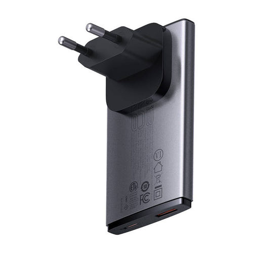 Baseus GaN5 - chargeur secteur 65 W, 1 port USB-C et 1 port USB-A, adaptateurs EU et UK : fiche repliable du chargeur
