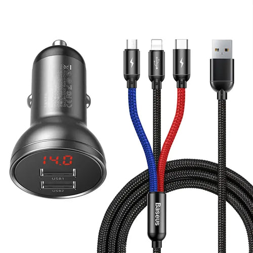 Baseus TZCCBX-0G - Chargeur voiture 24 W 2 ports USB avec écran et câble 3 en 1 de 1,2 m - visuel 1