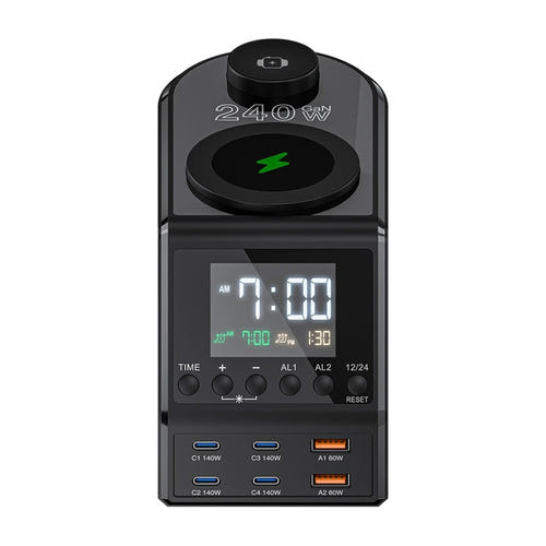 BlitzWolf BW-FW10 - Réveil chargeur 240 W avec charge sans fil, noir : afficheur LED alarme