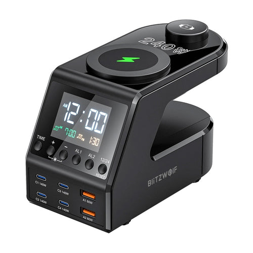 BlitzWolf BW-FW10 - Reveil chargeur 240 W avec charge sans fil, noir - visuel 1