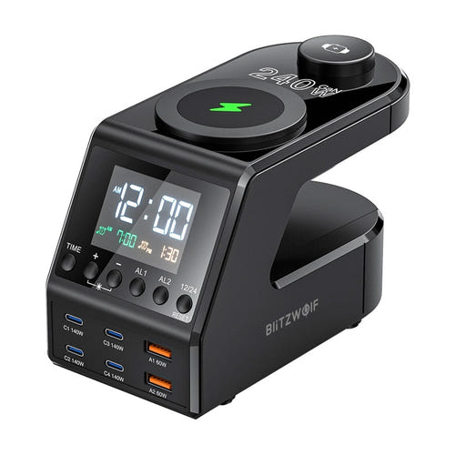 BlitzWolf BW-FW10 - Réveil chargeur 240 W avec charge sans fil, noir