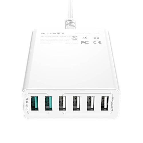 BlitzWolf BW-S15 - Chargeur secteur 6 ports USB 60 W, charge rapide, blanc : six ports USB