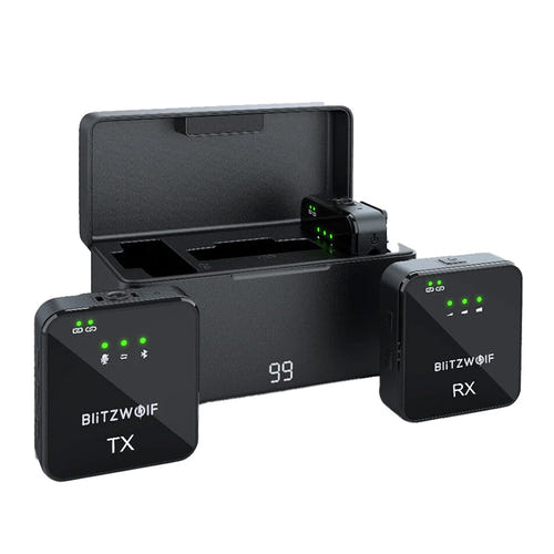 BlitzWolf BW-SX63 - Micro cravate sans fil, réduction de bruit, noir : boîtier charge