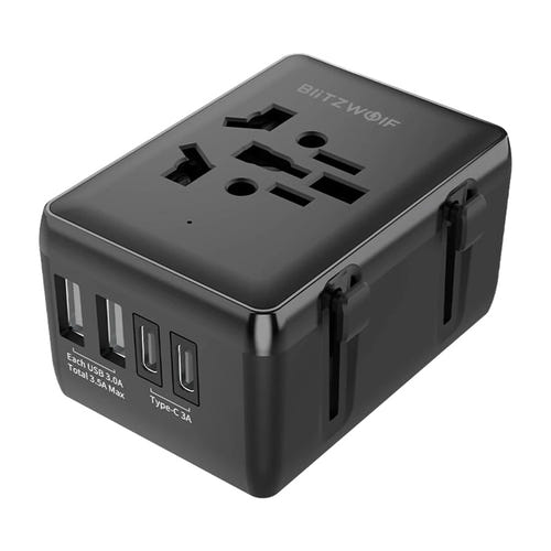 BlitzWolf BW-TA1 - Adaptateur de voyage universel 4 en 1, USB-C PD 20 W : fiches repliables pays