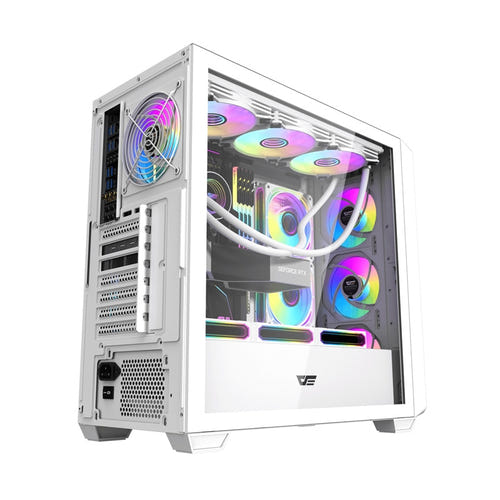 darkFlash - Boîtier PC DS900WD façade bois (blanc, sans ventilateurs) : panoramique