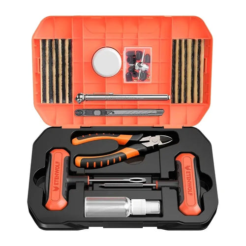 ETENWOLF R1 - kit de réparation de pneus tubeless avec manomètre et mallette : pneu mallette ouverte
