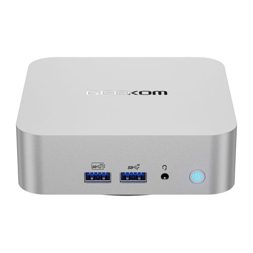 GEEKOM A8 - Mini PC Ryzen 7 8745HS, 16 Go DDR5, 1 To : vue avant boîtier
