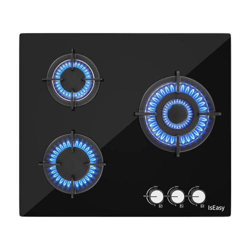 IsEasy MGBG-603 - Table gaz 3 feux, verre trempé noir : noire