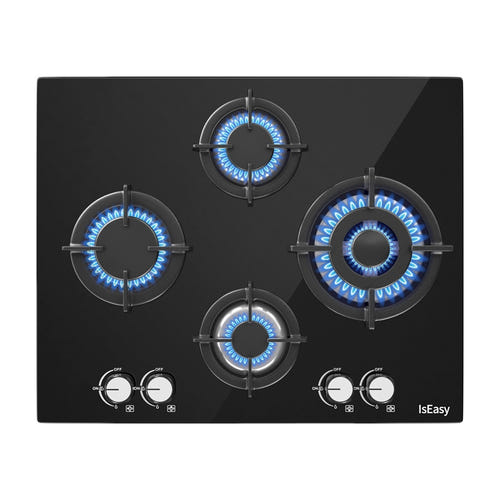 IsEasy MGBG-654A - Table de cuisson gaz 4 feux en verre trempé
