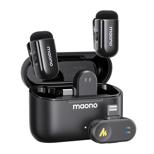 Maono WM622 PBC2 - Microphone cravate sans fil, 2 émetteurs et récepteurs Lightning et USB-C : boîtier de charge fermé