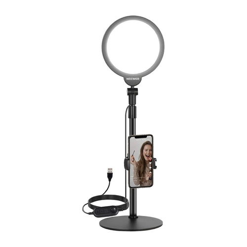 Neewer - Kit selfie LED R06 avec lampe ronde 18 cm (pied de bureau et support smartphone) : vue ensemble