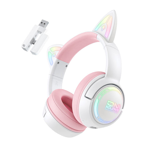 ONIKUMA GT838 - casque gaming sans fil à oreilles de chat lumineuses, rose