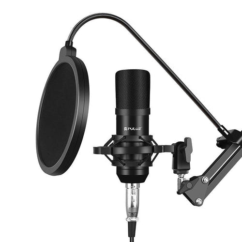Puluz - Microphone studio à condensateur PU612B (kit avec filtre anti-pop et carte son USB) : complet accessoires