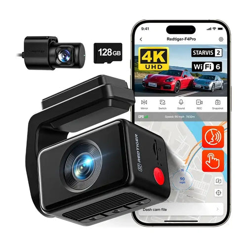REDTIGER F4 Pro - Caméra embarquée 4K avant et 1080p arrière, Wi-Fi 6, GPS, carte 128 Go : application redtiger cam WiFi 6
