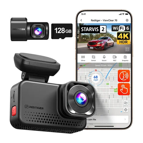 REDTIGER VC70 - dashcam 4K avant et 2.5K arrière, Wi-Fi 6, GPS, carte 128 Go incluse : application Wi Fi 6 starvis 2