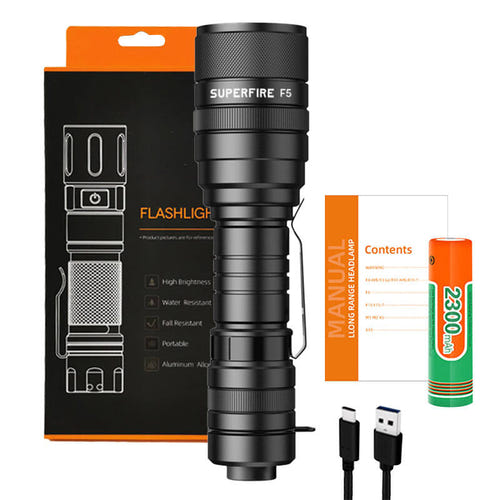 Superfire F5 - Lampe torche 1100 lm à focale réglable, portée 236 m : faisceau