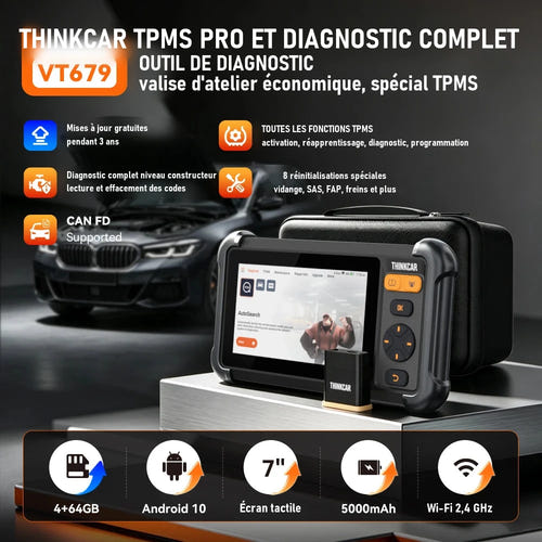 THINKCAR VT679 - outil de diagnostic OBD2 7 pouces, tous systèmes, TPMS et 28 réinitialisations - visuel 3