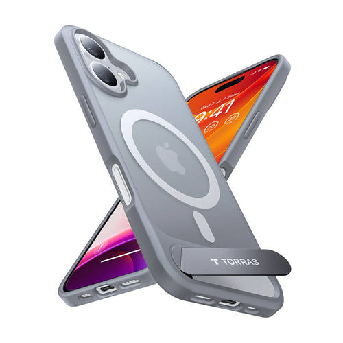 Torras Pstand - Coque iPhone 16 Plus avec béquille intégrée, gris titane (vue 1)