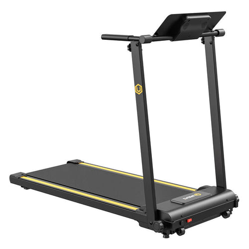 UREVO Foldi Mini - Tapis de course pliable 10 km/h, 12 programmes de fractionné, noir et orange : position repliée mur