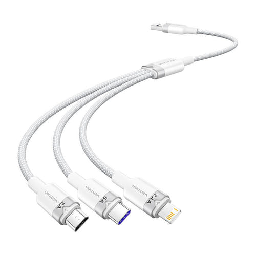 Vention CTRWG - câble de charge 3-en-1 6A 120 W, 1,5 m blanc : 3en1 Vention ctrwg 6 A blanc