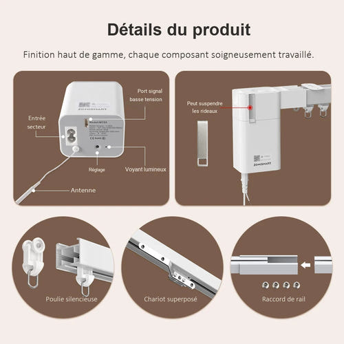 Zemismart MT03 - Moteur de rideaux Matter over Thread avec rail de 5 m : connecté rail 5 m