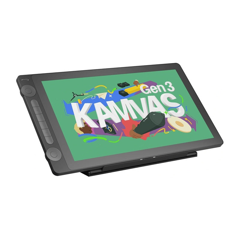 Tablette à écran de 15 pouces posée sur un pied, deux molettes et six touches sur le flanc gauche