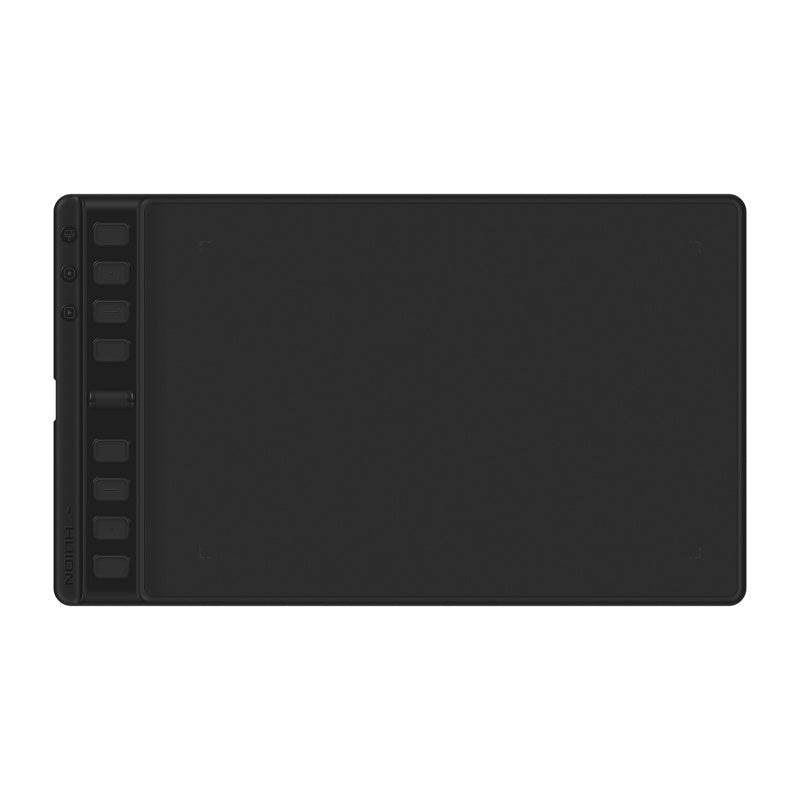Tablette à dessin noire posée à plat avec son stylet, huit touches et une molette sur le côté
