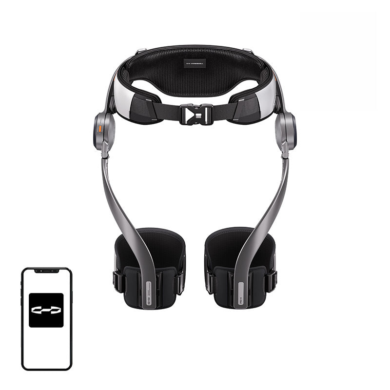 Exosquelette de marche motorisé vu de face, ceinture de hanches et leviers articulés le long des cuisses