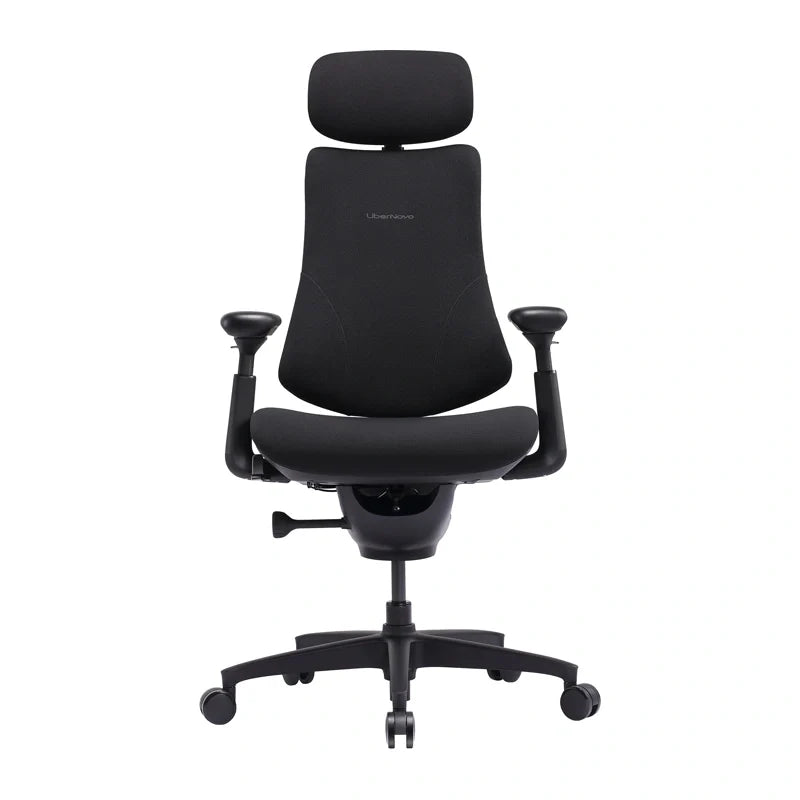 Fauteuil de bureau noir vu de trois quarts, appui-tête haut et piètement à cinq branches