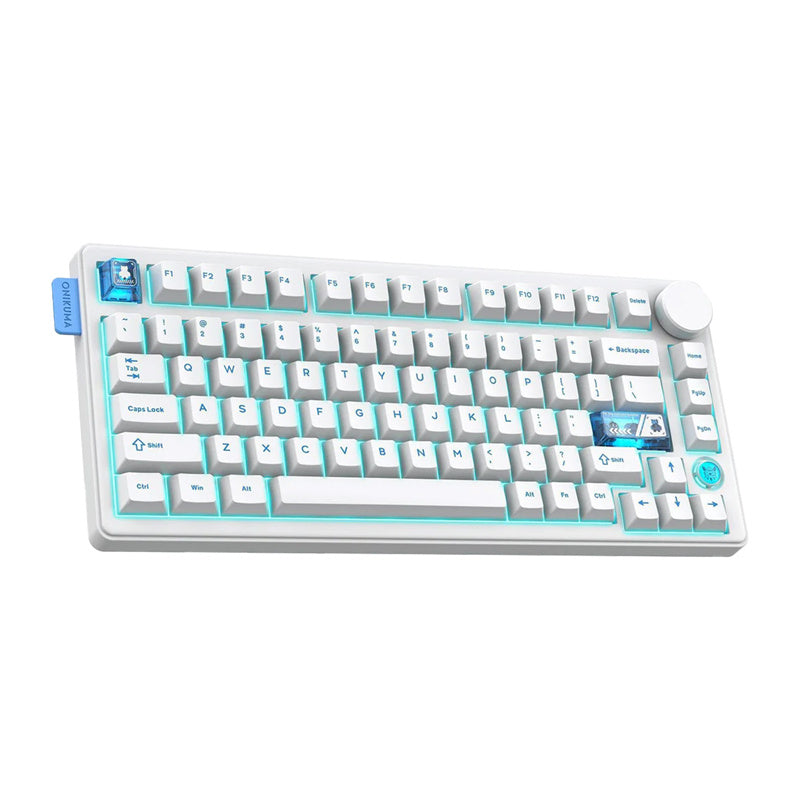 Clavier mécanique compact blanc au rétroéclairage turquoise, molette de volume à l'angle supérieur droit