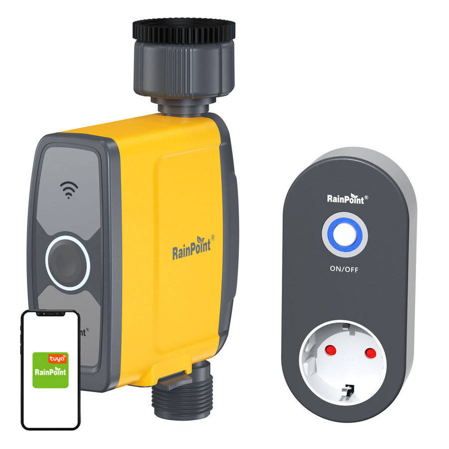 Programmateur d'arrosage jaune RainPoint TTV103, sa passerelle Wi-Fi sur prise et l'application mobile