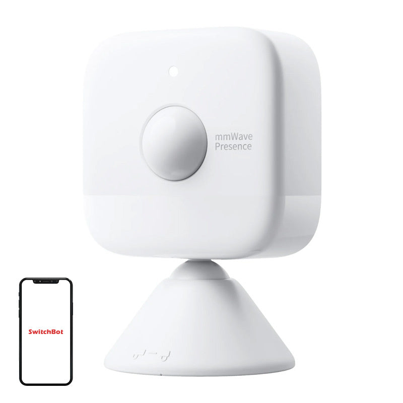Capteur carré blanc sur socle conique, à côté d'un téléphone affichant le logo de l'application
