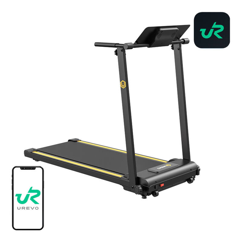 Tapis de course pliable déplié, mât relevé avec tablette porte-écran et bandes jaunes le long de la bande de marche