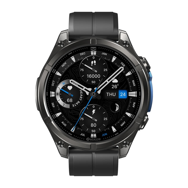 Montre connectée Zeblaze Vibe 8 Abyss noire, cadran AMOLED rond affichant l'heure et le pourcentage de batterie