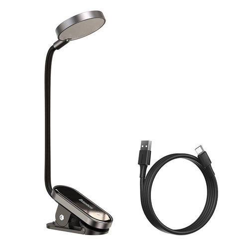 Baseus Comfort Reading - Lampe à pince rechargeable 4000 K (gris foncé) : pince fixée sur un bord de bureau