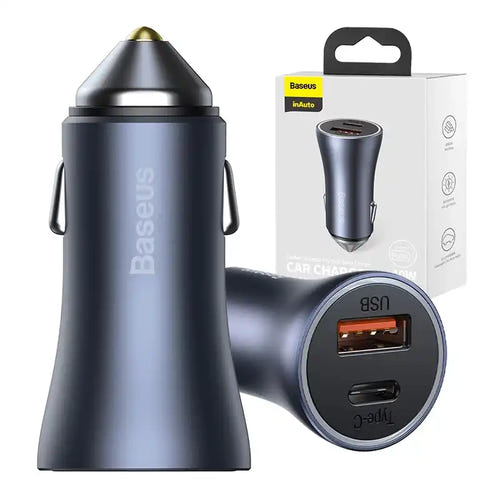 Baseus Golden Contactor Pro - Chargeur voiture 40 W USB-A et USB-C (gris) : chargeur allume-cigare gris vu d'ensemble
