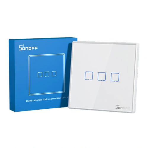 Sonoff T2EU3C-RF - Interrupteur mural sans fil 3 voies 433 MHz (blanc) : touches rétroéclairées en bleu