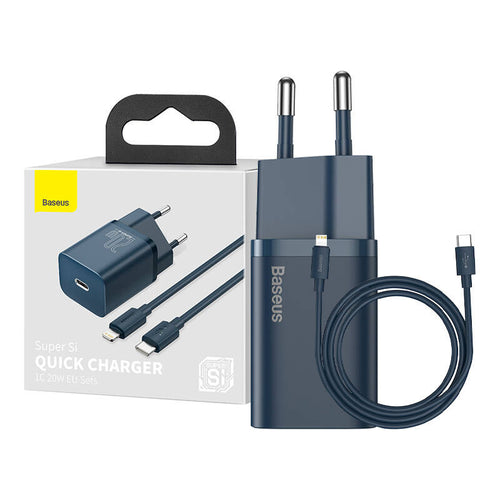 Baseus Super Si - Chargeur 20 W avec câble USB-C vers Lightning 1 m (bleu) : chargeur Baseus Super Si bleu vu d'ensemble